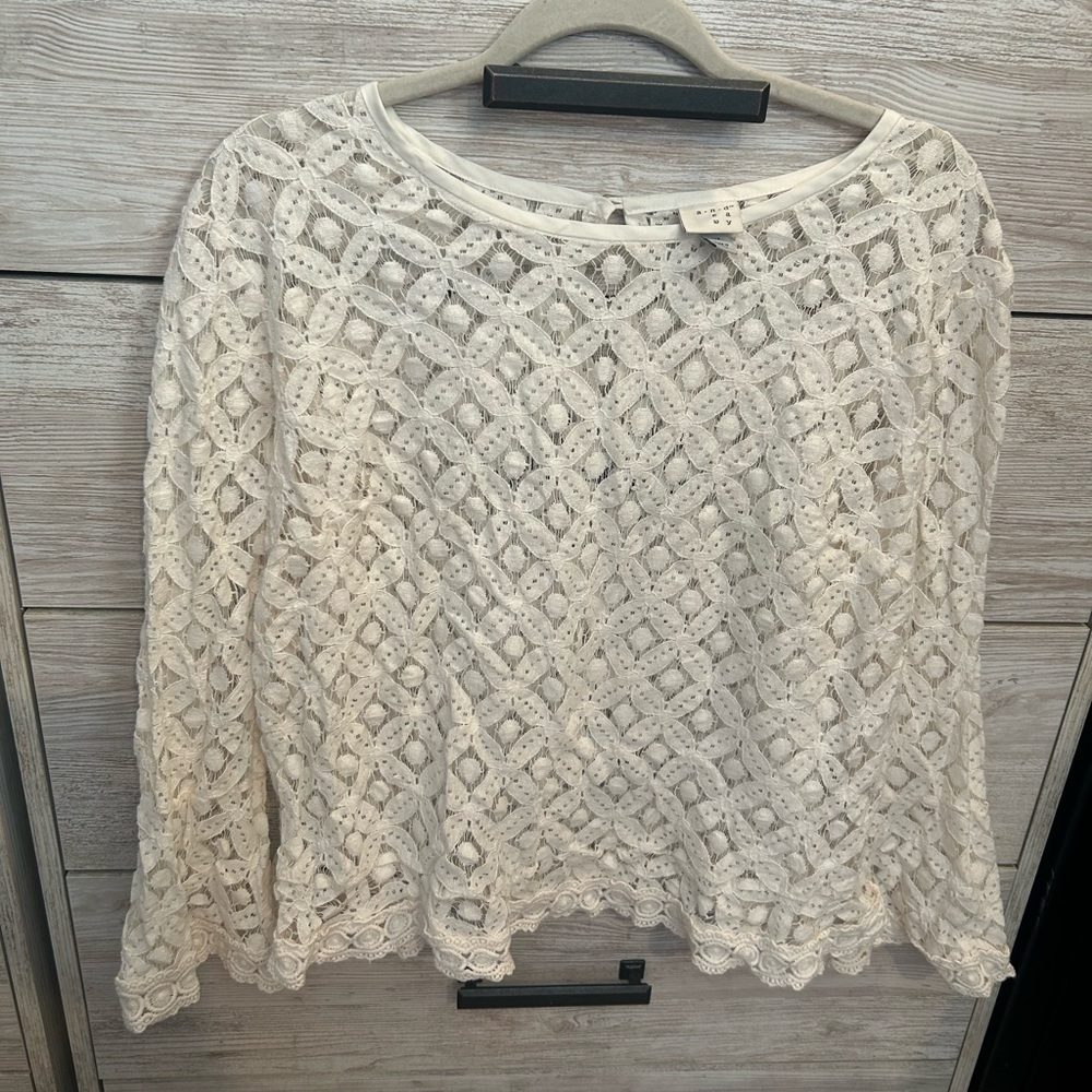 White 1X Lace Long Pattern Bell Sleeve Crew Neck Top by A New Day